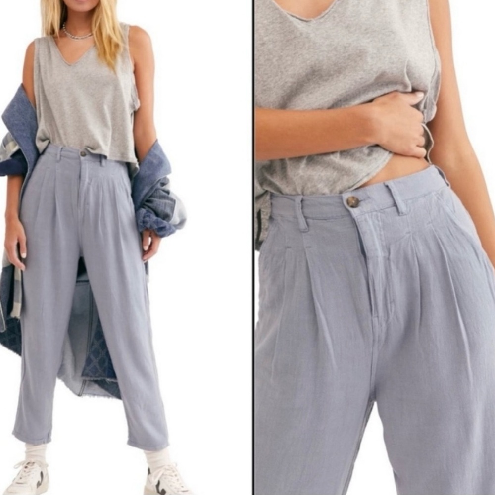 Free People We the Free Faded Love dusty Blue linen viscose blend pleated Pants